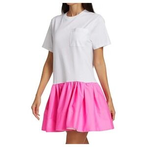 TANYA TAYLOR Katelyn Flounce-Hem T-Shirt Dress Size M white hot pink